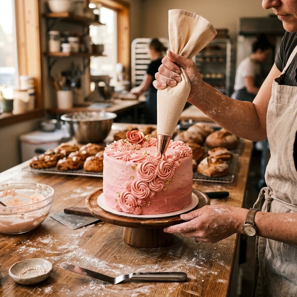Baker decorating a beautiful cake